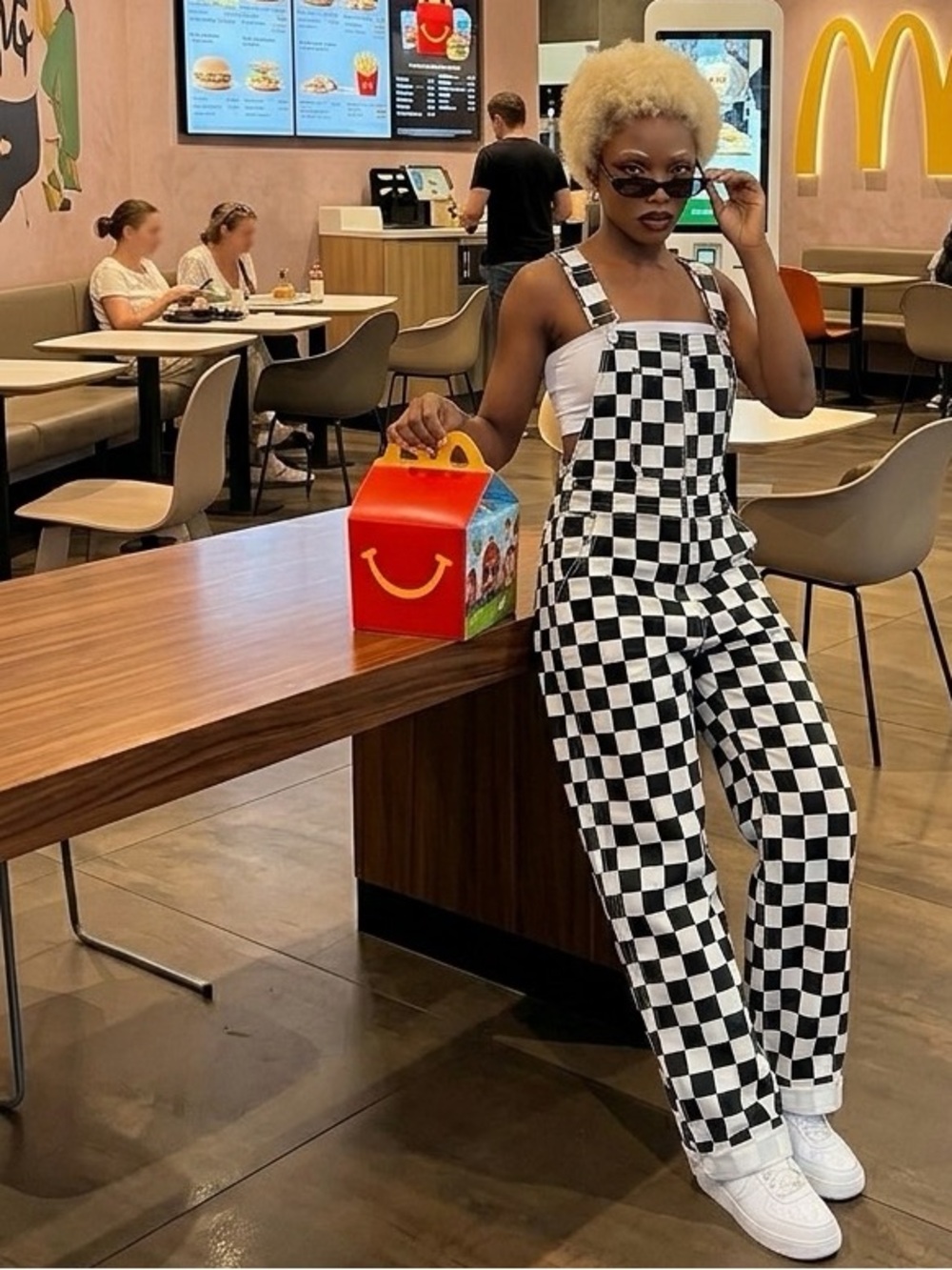 Black White Checkerboard Denim Overalls XL Festival Streetwear Wide Leg